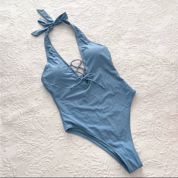 NWOT Lulus New Waves Light Blue Lace-Up One-Piece Swimsuit Small - Picture 2 of 6